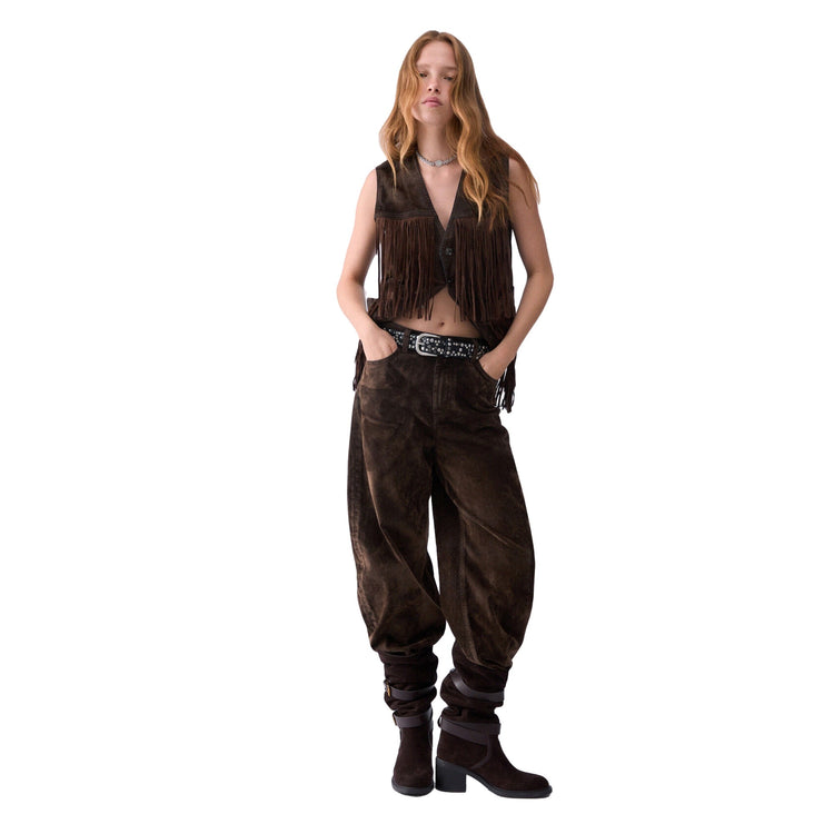 Gilet Donna in tessuto floccato con frange marrone, modella intera frontale