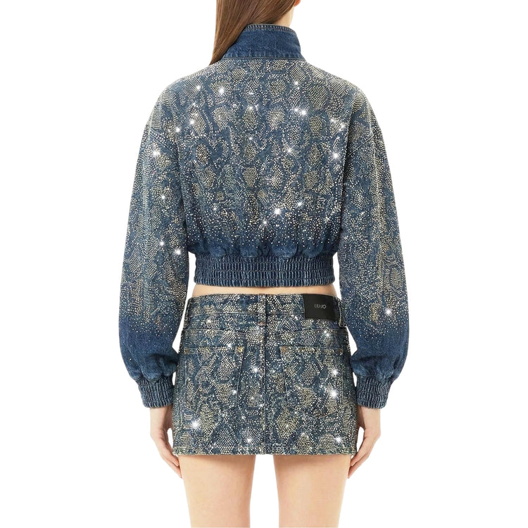 Bomber corto Donna in denim con strass retro