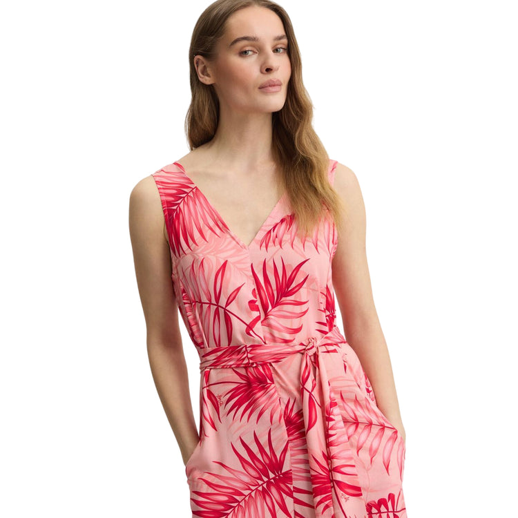 Tuta da Donna con stampa palme rosa/rosso modella frontale ravvicinata