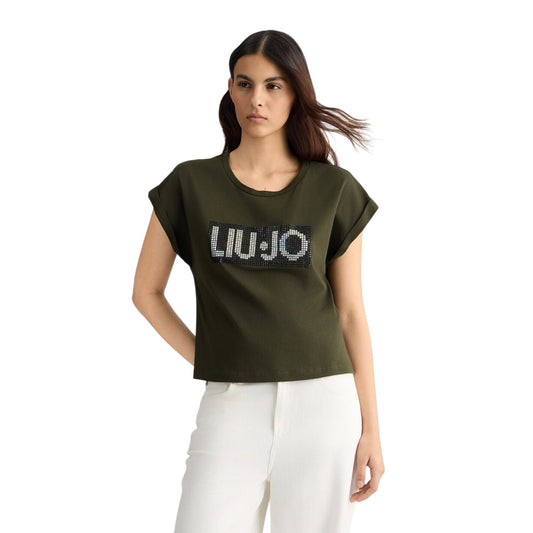 T-shirt verde da donna con logo e strass bicolor modella frontale
