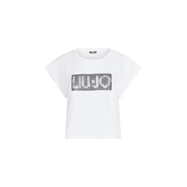 T-shirt bianca da donna con logo e strass