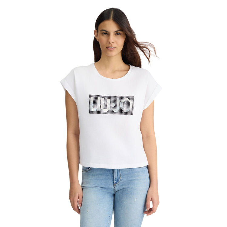 T-shirt bianca da donna con logo e strass