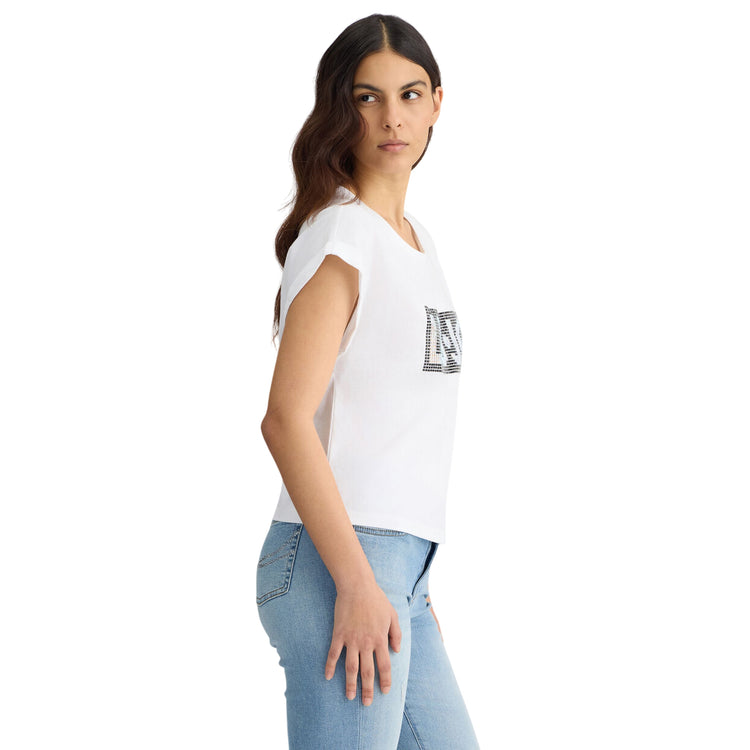 T-shirt bianca da donna con logo e strass