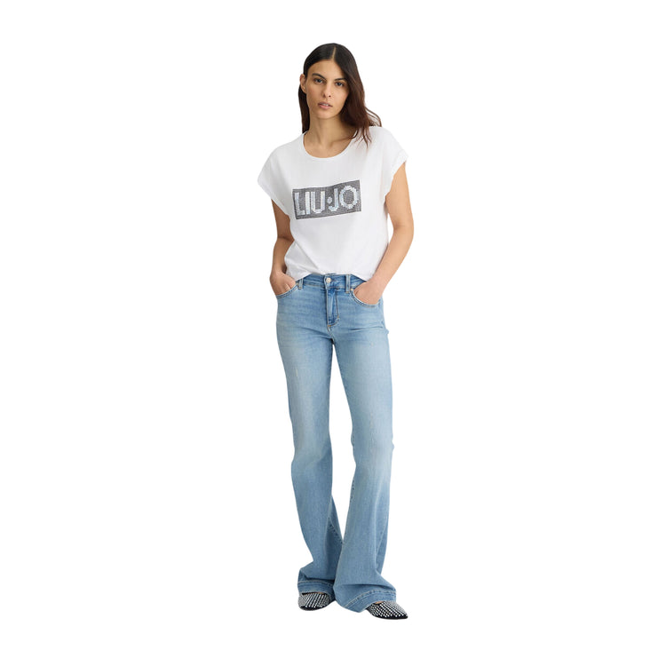 T-shirt bianca da donna con logo e strass