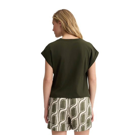 T-shirt verde da donna con logo e strass modella retro