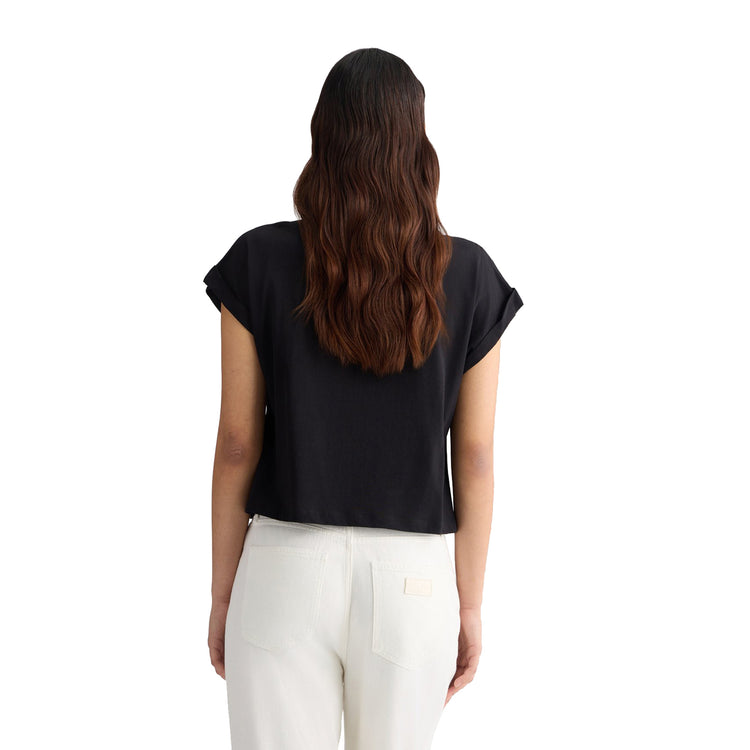 T-shirt nera da donna con logo e strass modella retro