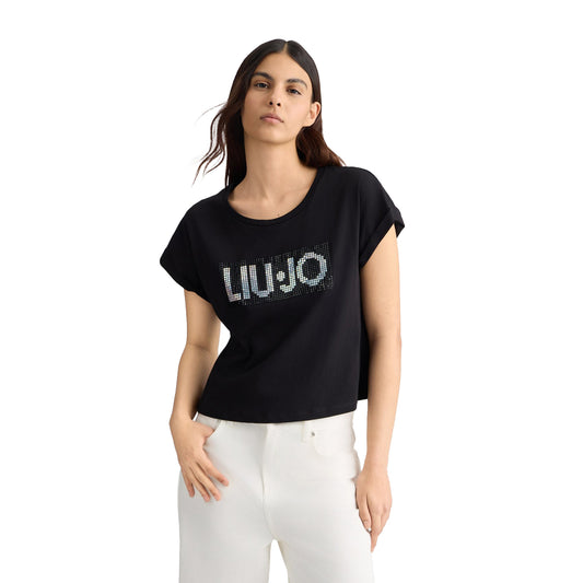 T-shirt nera da donna con logo e strass modella frontale