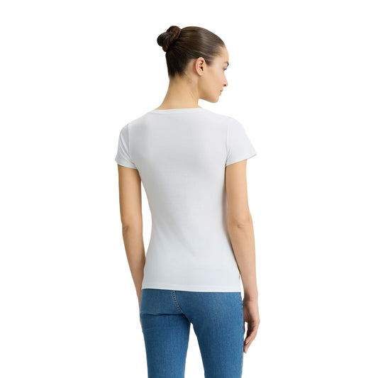 T-shirt bianca da donna con logo jeans modella retro