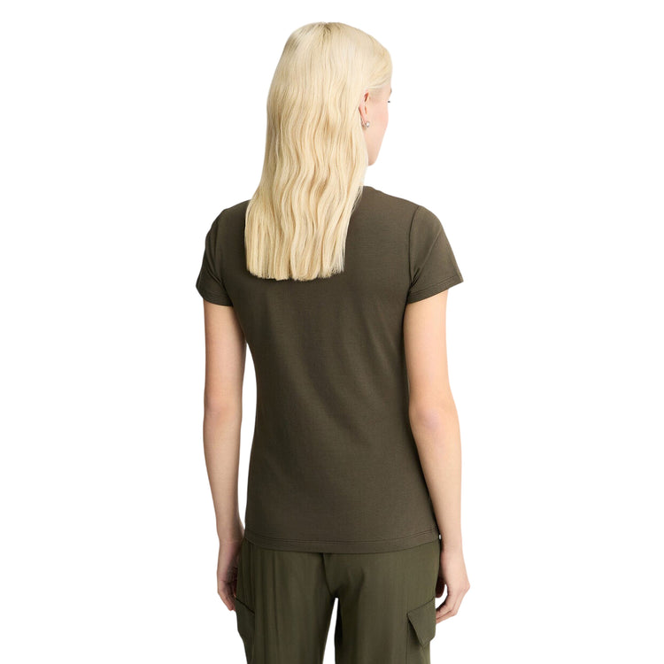 T-shirt verde da donna con logo animalier con strass modella retro