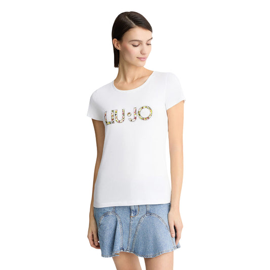 T-shirt bianca da donna con logo floreale con strass modella frontale
