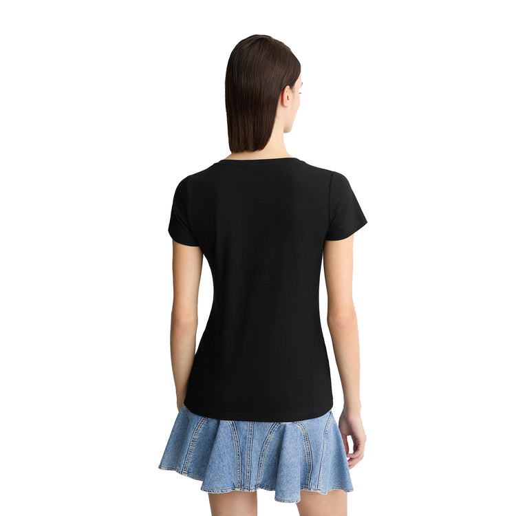 T-shirt nera da donna con logo e strass modella retro