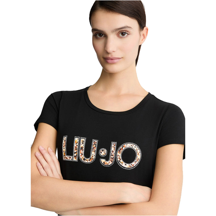 T-shirt nera da donna con logo e strass modella frontale ravvicinata