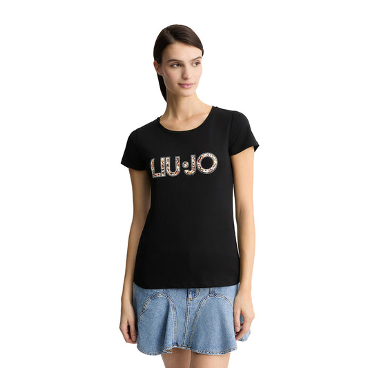T-shirt nera da donna con logo e strass modella frontale
