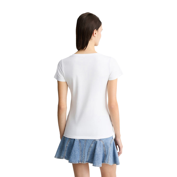 T-shirt bianca da donna con logo e strass modella retro