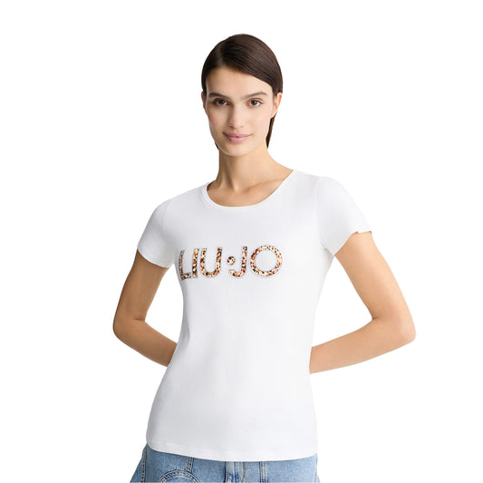 T-shirt bianca da donna con logo e strass modella frontale