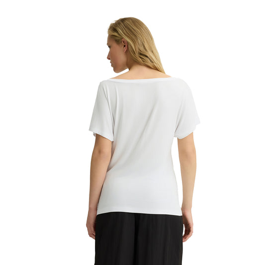 T-shirt Bianca da donna con stampa frontale modella retro