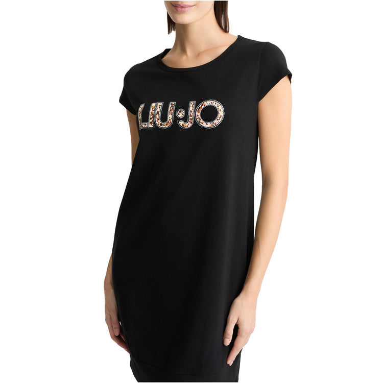 Abito Donna midi nero con logo e strass modella frontale ravvicinata