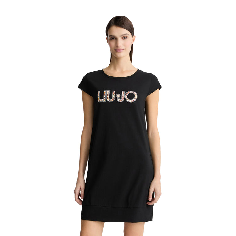 Abito Donna midi nero con logo e strass modella frontale