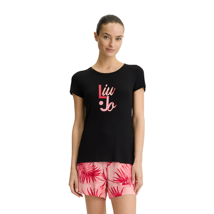 T-shirt Nera da Donna con logo palme e strass modella frontale