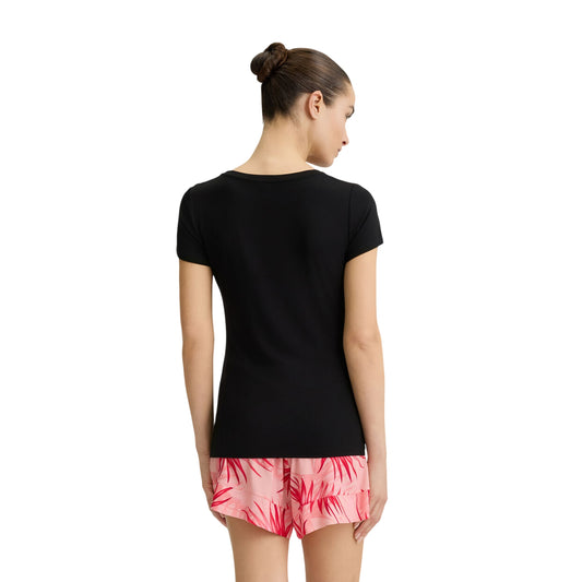 T-shirt Nera da Donna con logo palme e strass modella retro