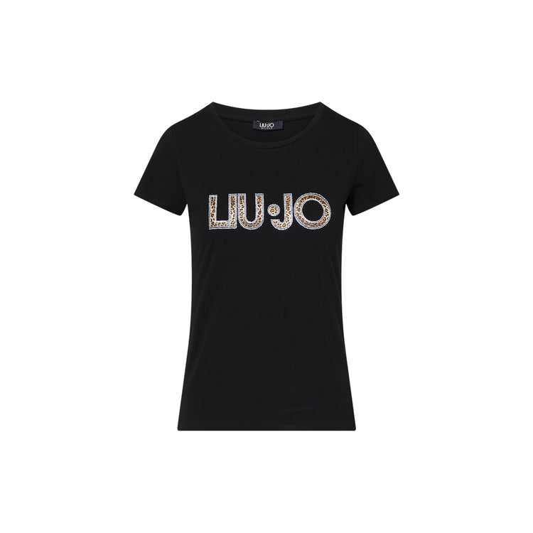 T-shirt nera Donna con logo animalier con strass