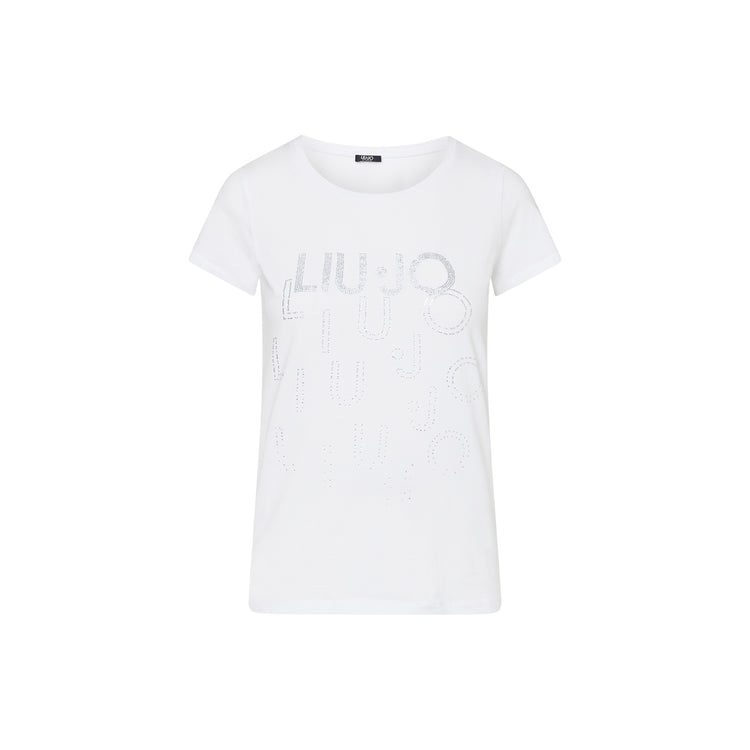 T-shirt bianca Donna con numerosi loghi con strass