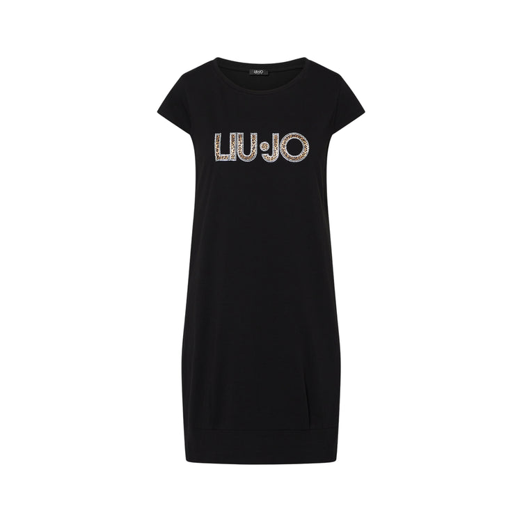 Abito corto in jersey a tinta unita nera con maxi logo