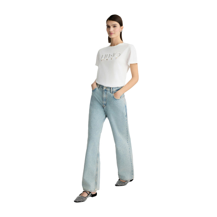 T-shirt Donna in jersey di cotone bianco con logo modella intera frontale