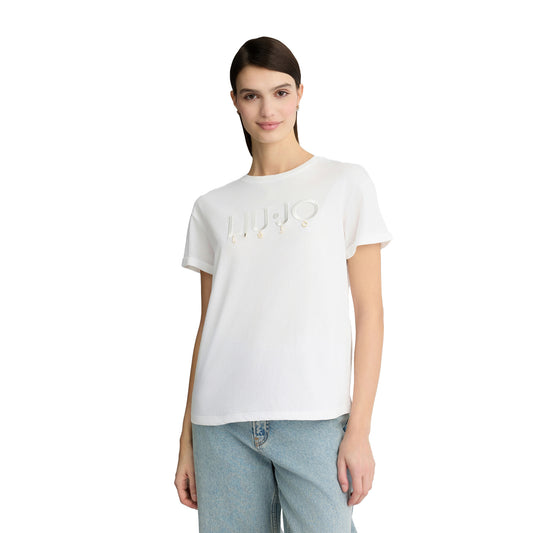 T-shirt Donna in jersey di cotone bianco con logo modella frontale