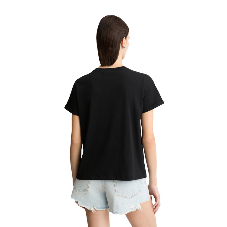 T-shirt Donna in jersey di cotone nero con logo modella retro