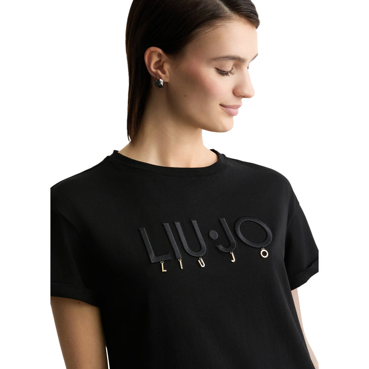 T-shirt Donna in jersey di cotone nero con logo modella frontale ravvicinata