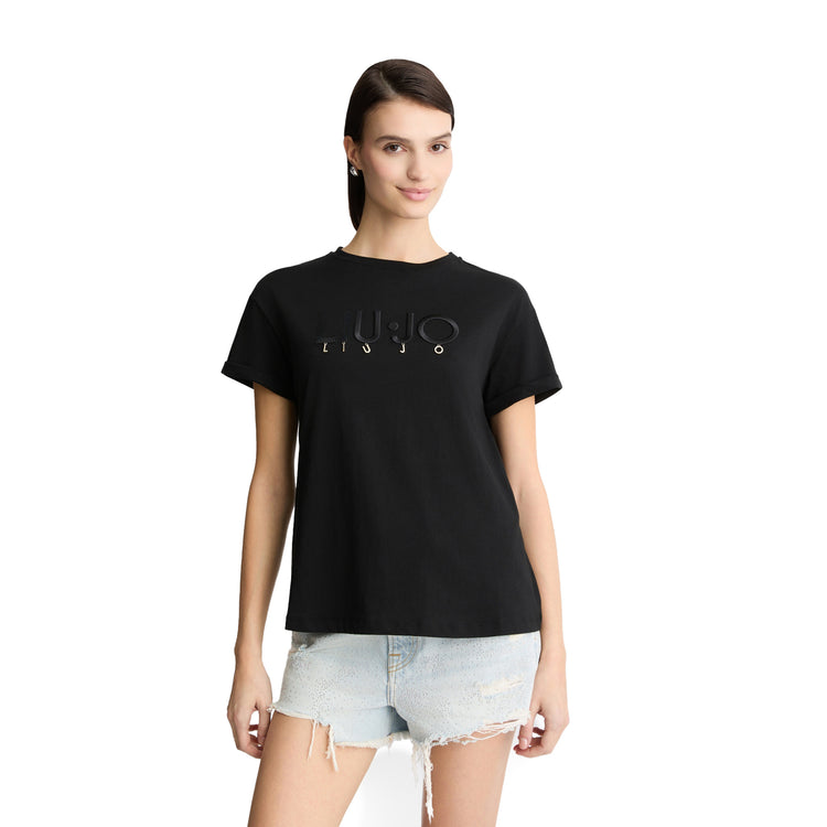 T-shirt Donna in jersey di cotone nero con logo modella frontale
