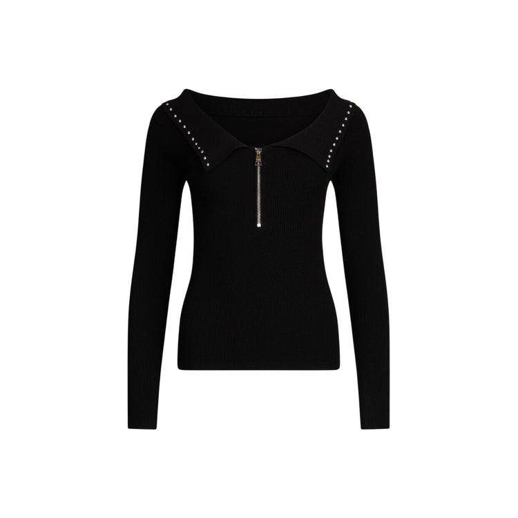 Maglia nera da donna con zip e borchie