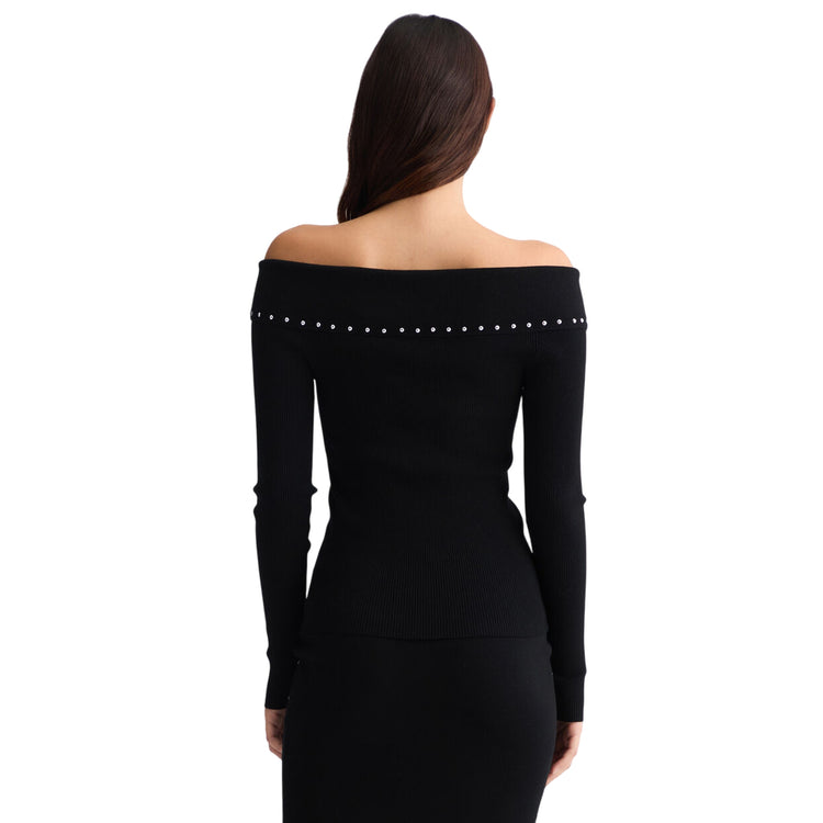 Maglia nera da donna con zip e borchie modella retro