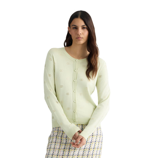 Cardigan Donna con logo e strass Verde modella frontale