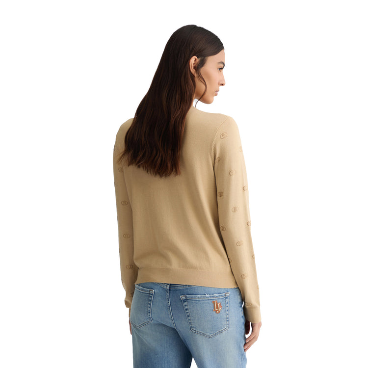 Cardigan Donna con logo e strass Beige modella retro