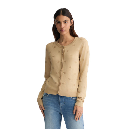 Cardigan Donna con logo e strass Beige modella frontale