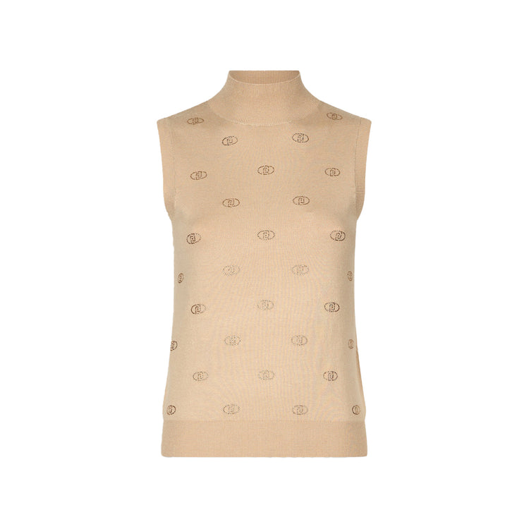 Top Donna in maglia beige con logo e strass