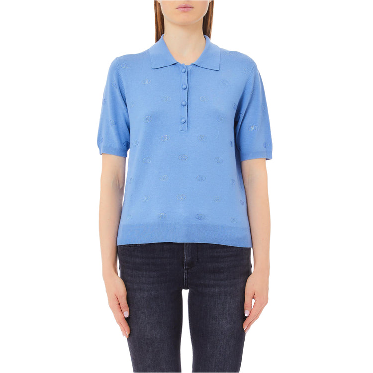 Polo Donna in tinta unita Blu con loghi modella frontale
