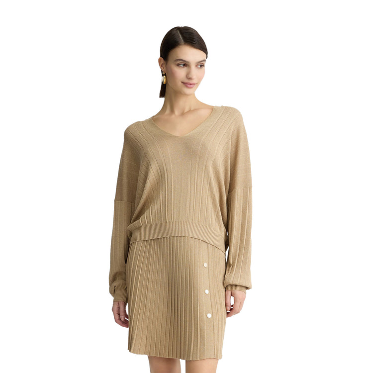Maglia Donna lavorazione plissé Beige modella frontale
