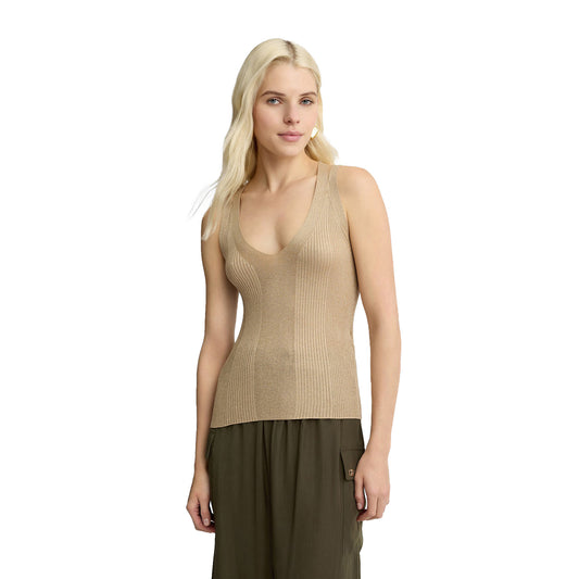 Top Donna in maglia a coste Beige modella frontale