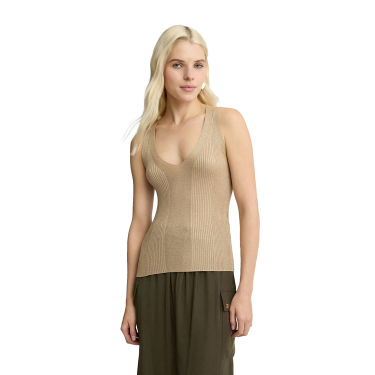 Top Donna in maglia a coste Beige modella frontale