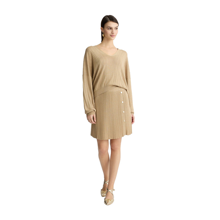 Minigonna Donna in maglia plissé Beige modella intera frontale