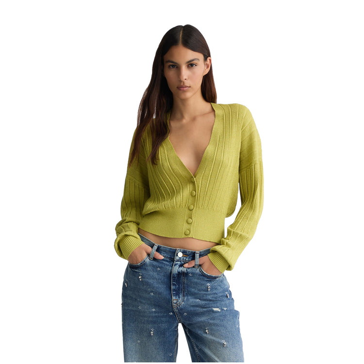 Cardigan Donna con bottoni rivestiti Verde chiaro modella frontale