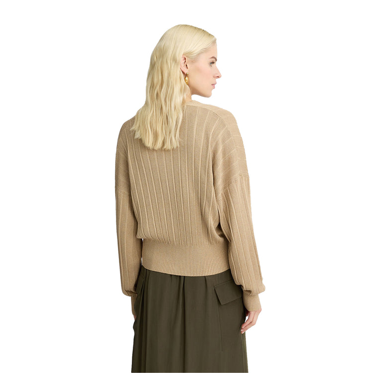Cardigan Donna con bottoni rivestiti Beige modella retro