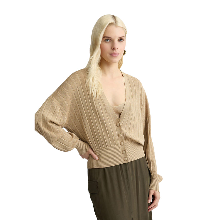 Cardigan Donna con bottoni rivestiti Beige modella frontale