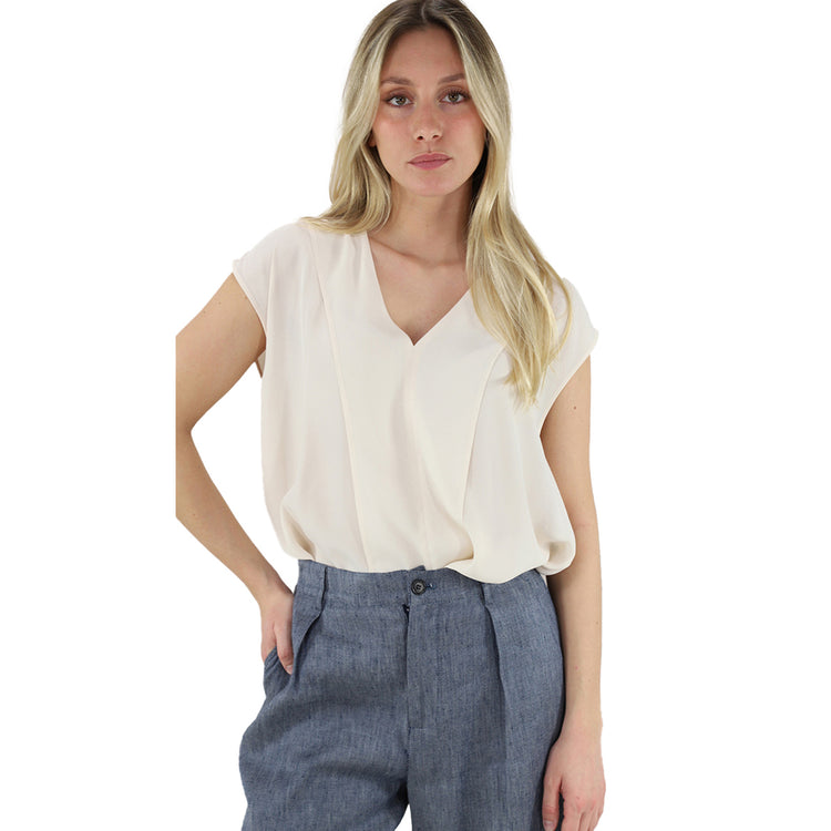 Top Donna con spalle scese Beige chiaro modella frontale