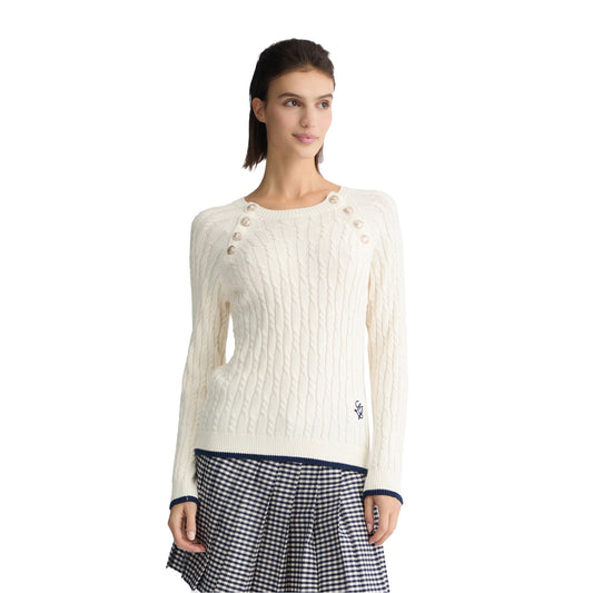 Maglia donna lavorata a trecce con bottoni modella frontale