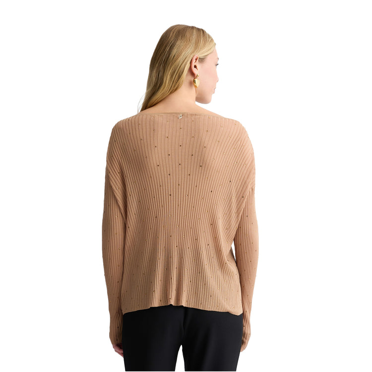 Maglia a coste Beige con strass modella retro