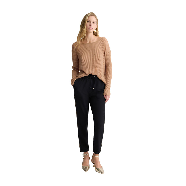 Maglia a coste Beige con strass modella frontale intera